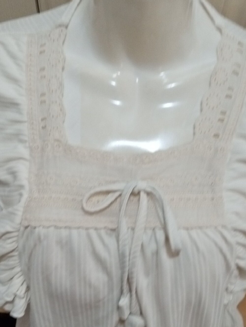 💲6⃣▶▶Women's White Ruffle Bib Tie-Neck Blouse - Picture 3 of 5